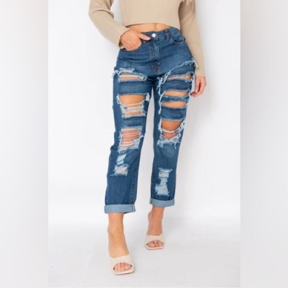 NWT Parisian ASOS Jeans Womens 6 Medium Wash Distressed Boyfriend Rigid Y2K